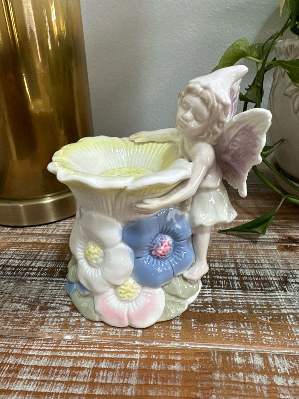 Porcelain Jewelry Holder Fairy Sitting On Calla Lily Trinket Glazed Vintage